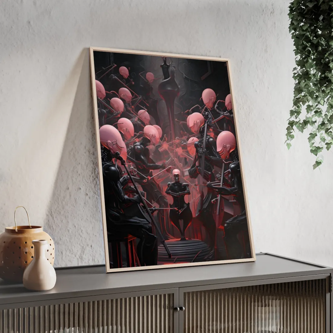 Robot Symphony: A Sentient Orchestra of Robots in Harmony - Framed Poster