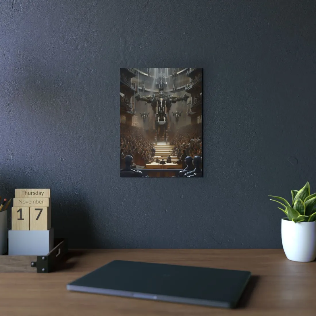 Robot Symphony: Elevated View of Robot Orchestra - Metal Poster
