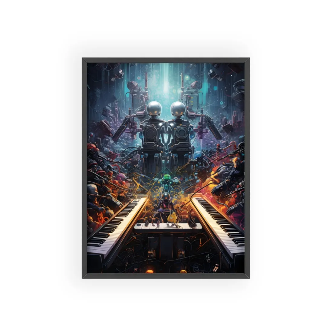 Robot Symphony Harmony: Mechanical Music Performance - Framed Poster
