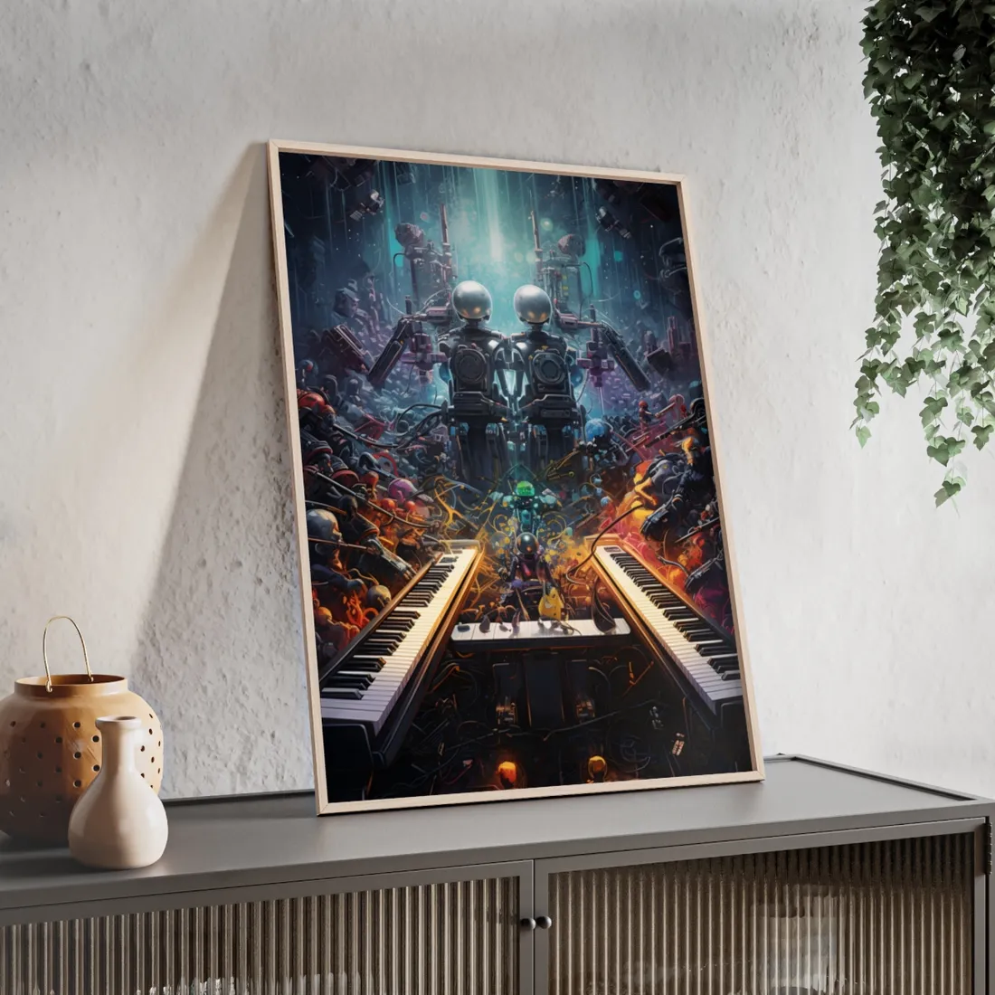 Robot Symphony Harmony: Mechanical Music Performance - Framed Poster