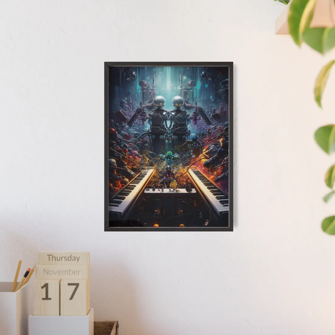 Robot Symphony Harmony: Mechanical Music Performance - Framed Poster