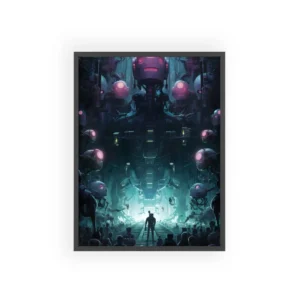 Lone Figure Among Robots Framed Poster