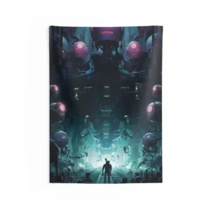 Lone Figure Among Robots Wall Tapestry