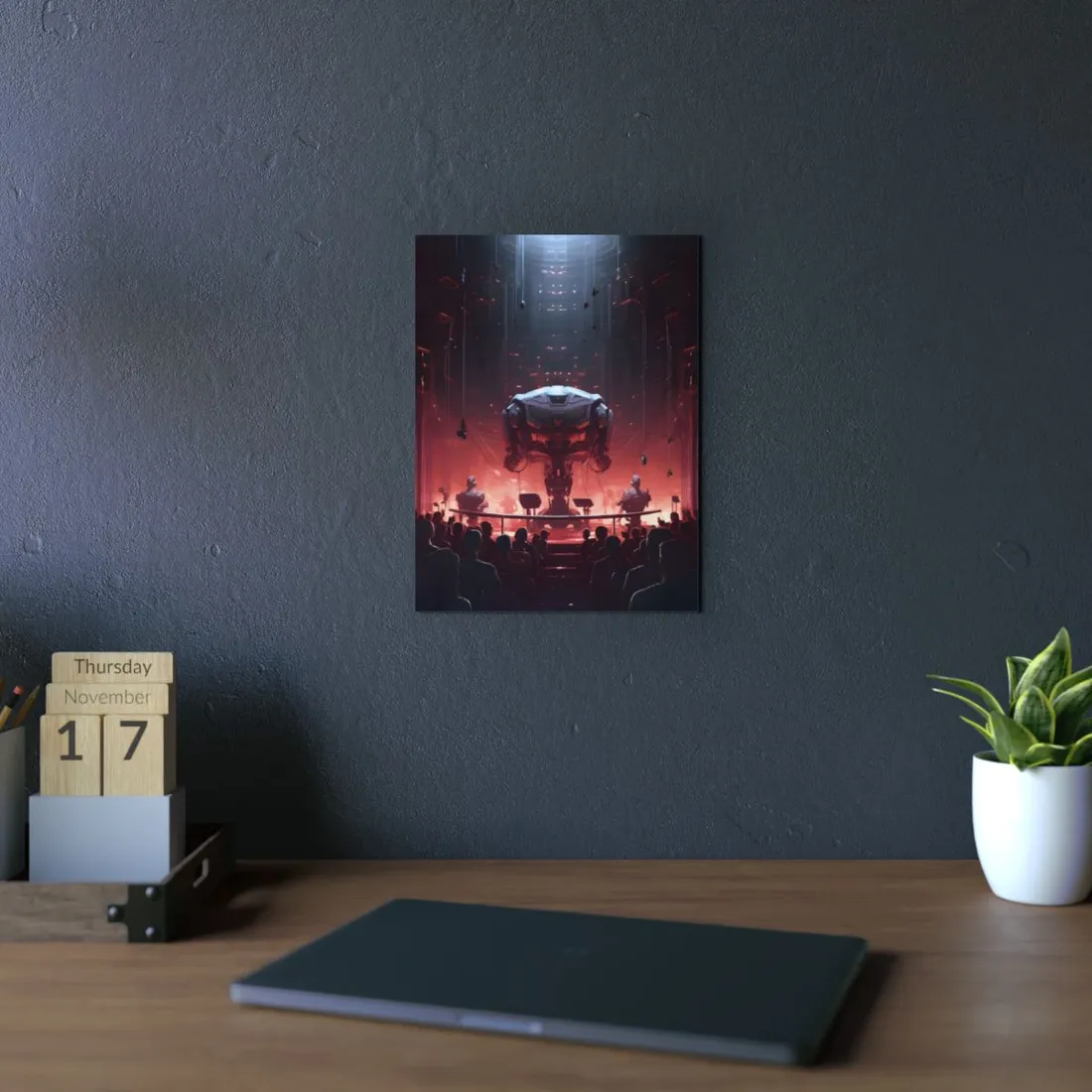 Robot Unveiling: Red-Lit Stage Ceremony - Metal Poster