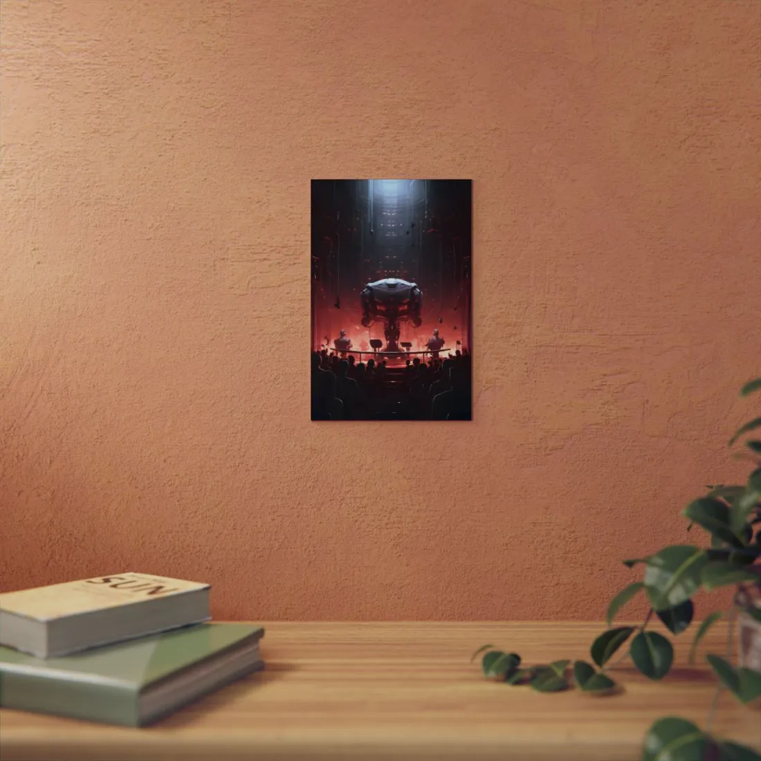 Robot Unveiling: Red-Lit Stage Ceremony - Metal Poster