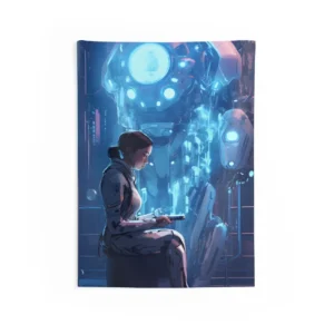 Woman Sitting Beside Robot Wall Tapestry
