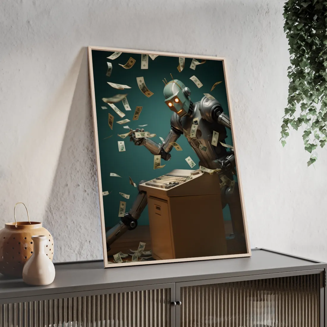 Robotic Art Heist: Modern Masterpieces Meet Metal Minds - Framed Poster
