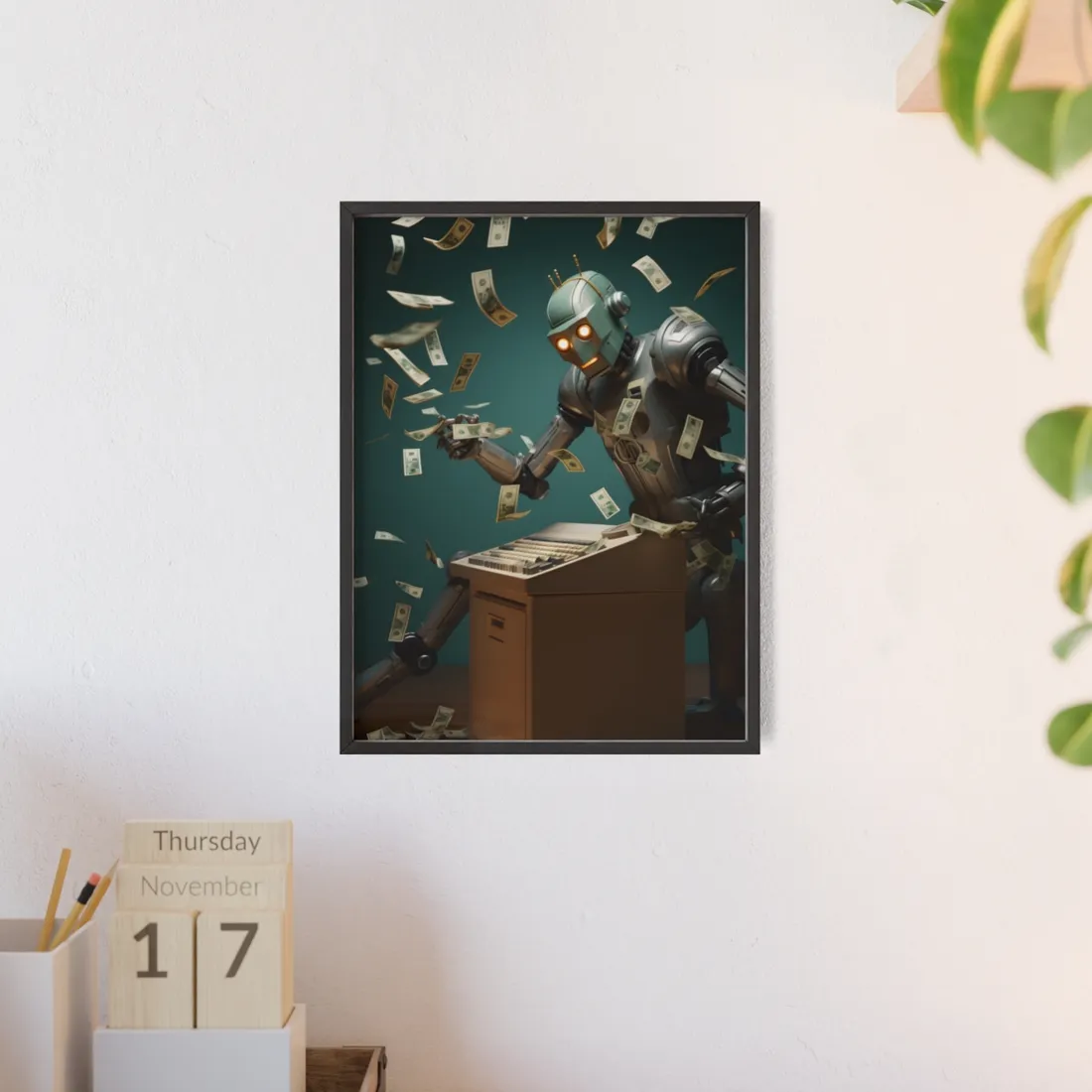 Robotic Art Heist: Modern Masterpieces Meet Metal Minds - Framed Poster
