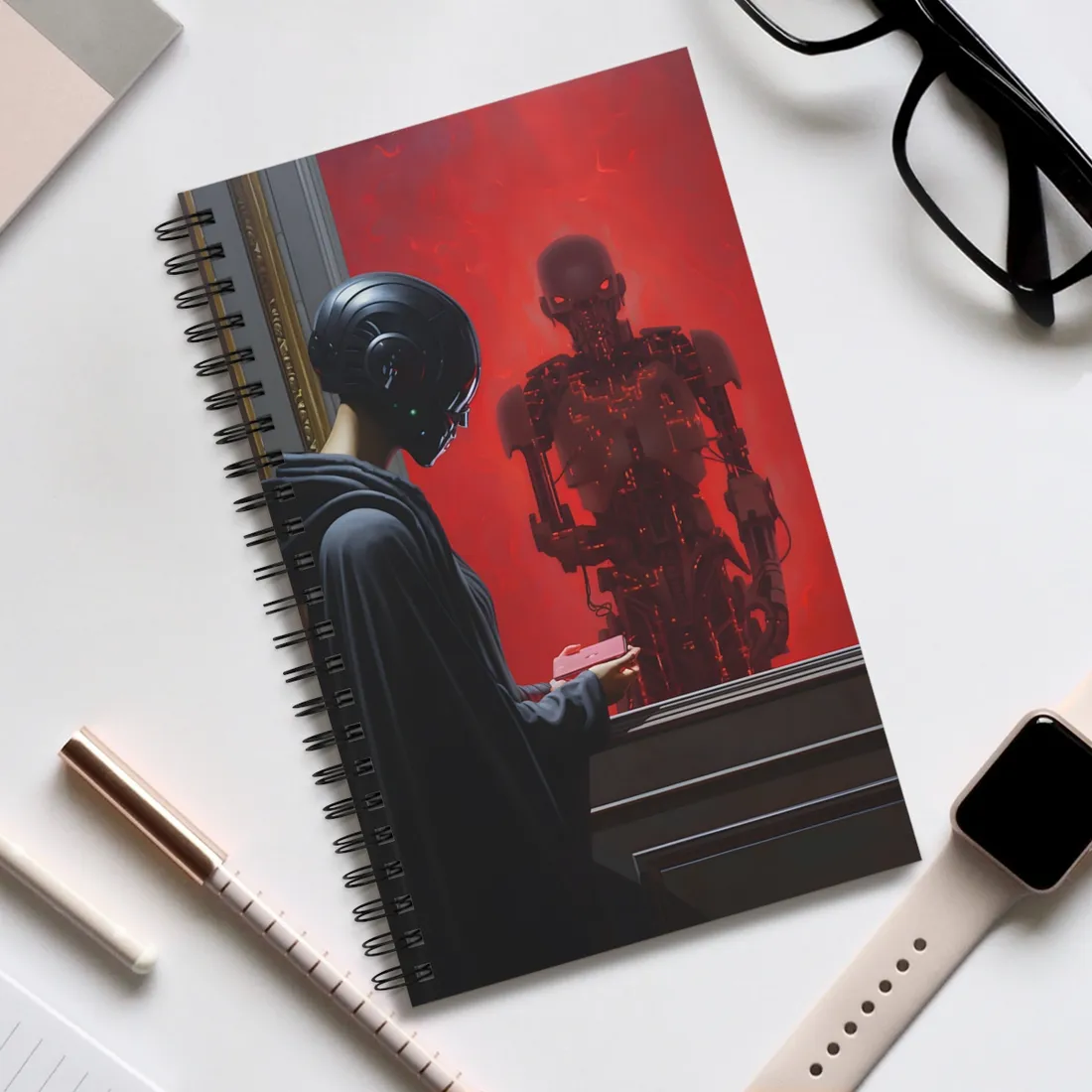 Robotic Art Heist: Museum Thief in Neon Black - Spiral Notebook