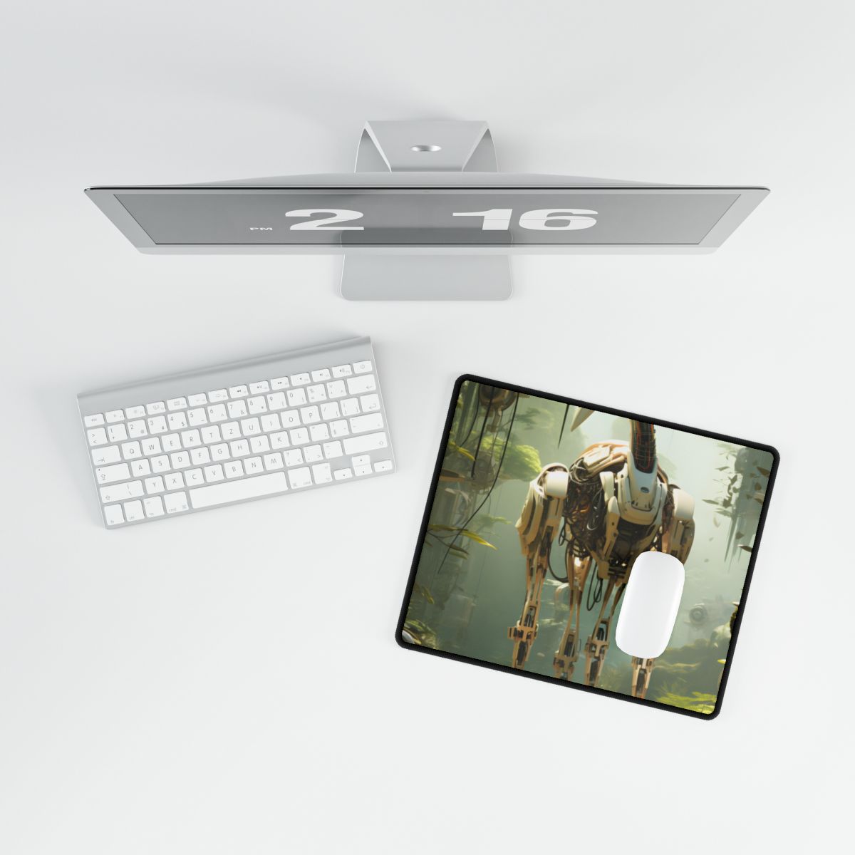 Robotic Guardians of Nature: Serene Wildlife Sanctuary Art - Desk Mat
