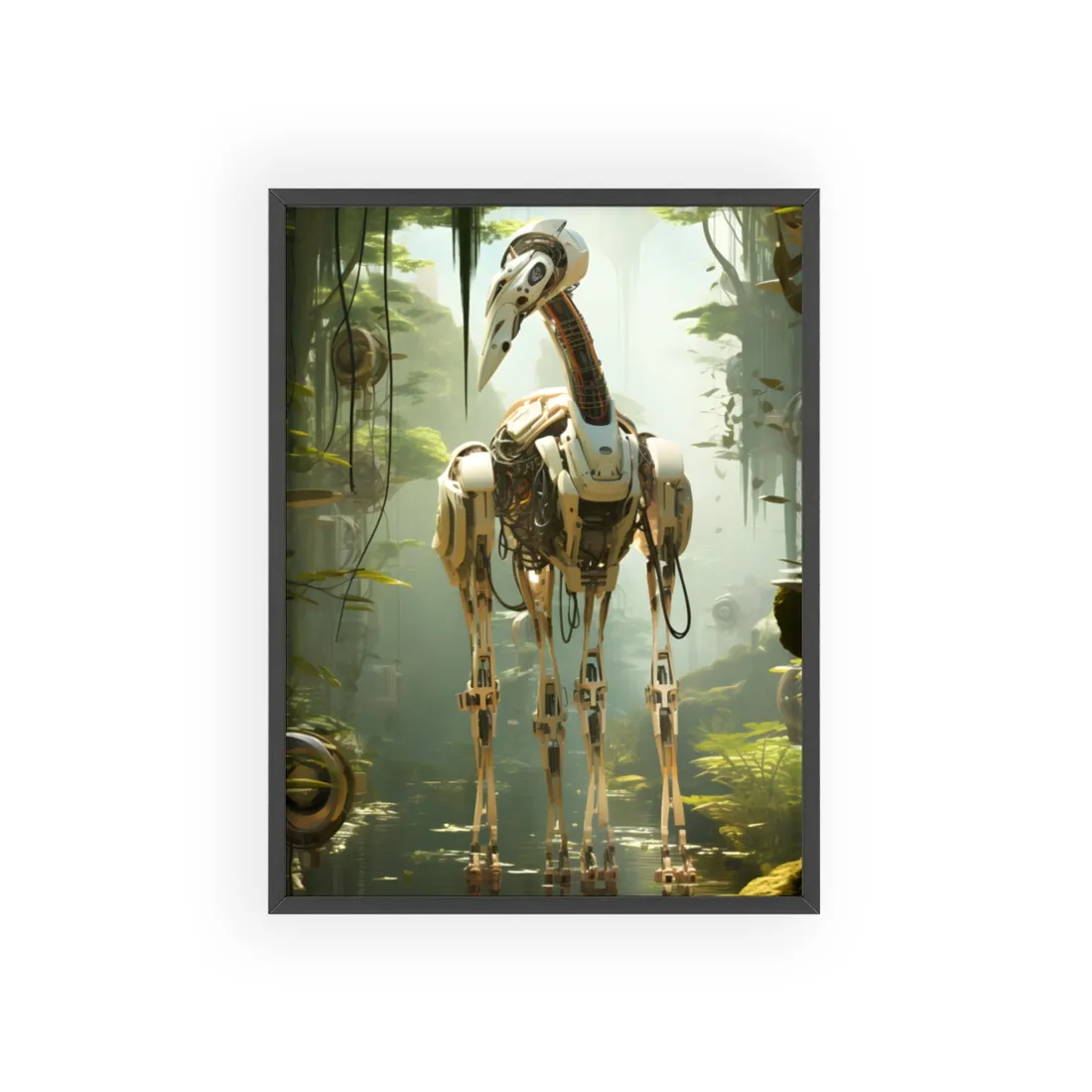 Robotic Guardians of Nature: Serene Wildlife Sanctuary Art - Framed Poster