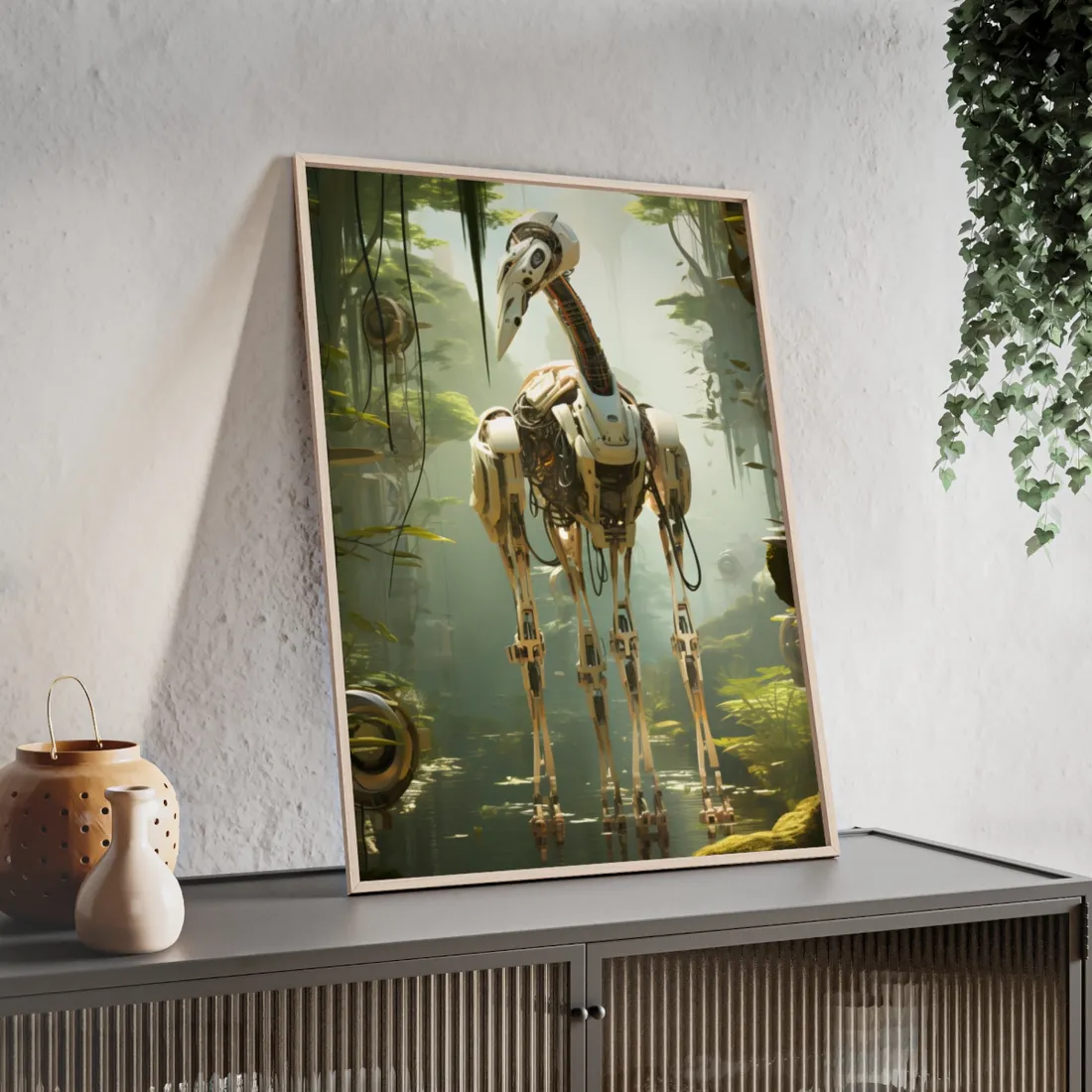 Robotic Guardians of Nature: Serene Wildlife Sanctuary Art - Framed Poster