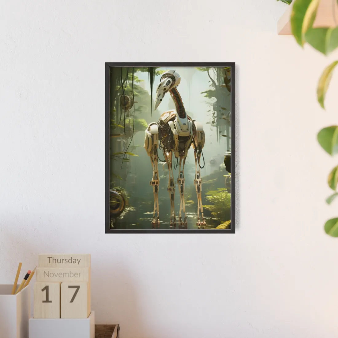 Robotic Guardians of Nature: Serene Wildlife Sanctuary Art - Framed Poster