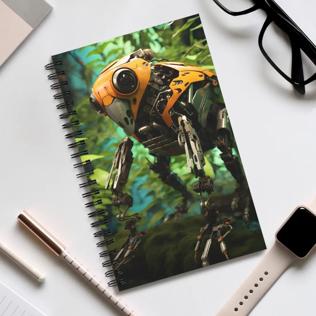Robotic Wildlife Sanctuary: AI-Operated Guardian in Bloom - Spiral Notebook