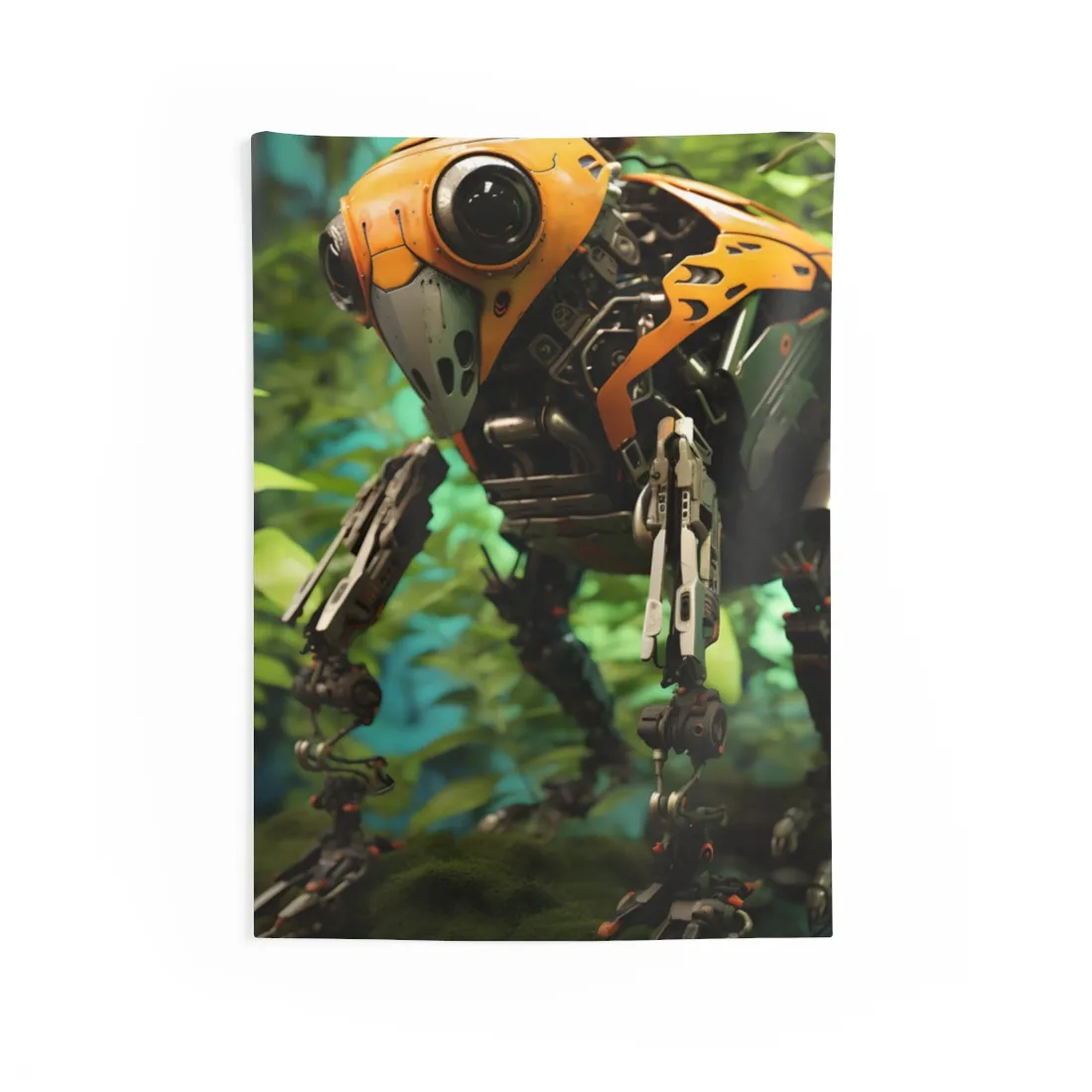 Robotic Wildlife Sanctuary: AI-Operated Guardian in Bloom - Wall Tapestry