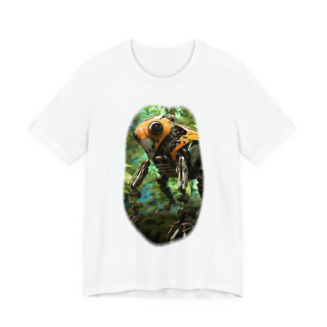 Robotic Wildlife Sanctuary: AI-Operated Guardian in Bloom - T-Shirt (White)