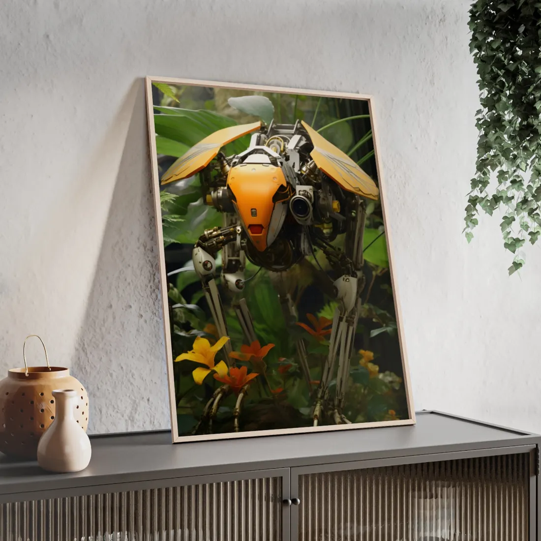 Robotic Wildlife Sanctuary: AI-Operated Haven for Harmony and Nature - Framed Poster
