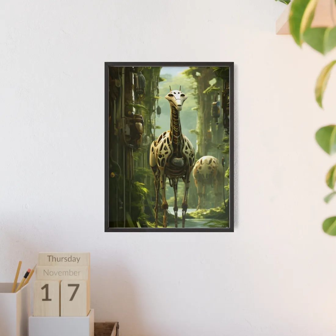 Robotic Wildlife Sanctuary: AI-Operated Haven for Sustainable Innovation - Framed Poster