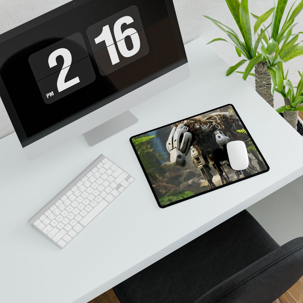 White robot with exposed cables stands among jungle ferns near a sunlit waterfall – Desk Mat, room mockup, view 2