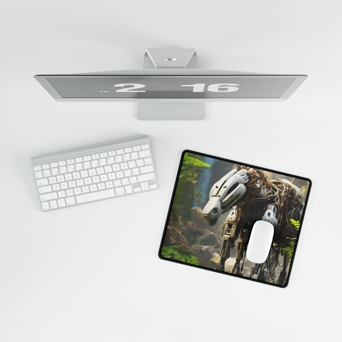 White robot with exposed cables stands among jungle ferns near a sunlit waterfall – Desk Mat, room mockup, view 3