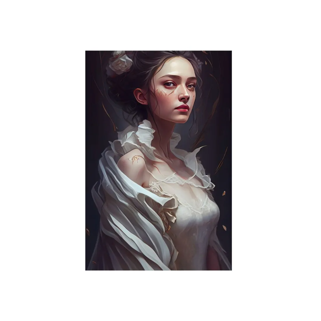 Romantic Portrait: Woman in White Ruffled Gown - Metal Poster