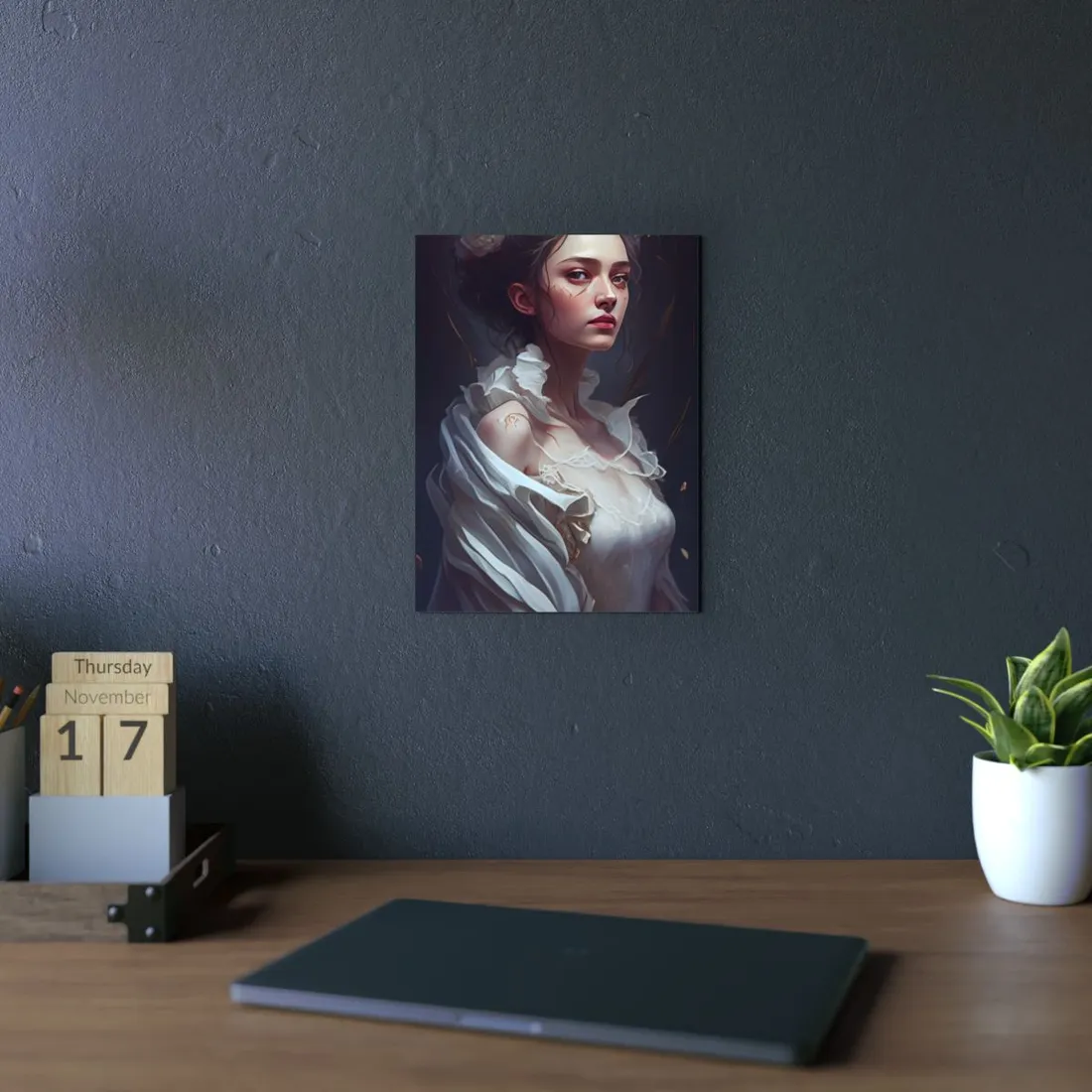 Romantic Portrait: Woman in White Ruffled Gown - Metal Poster