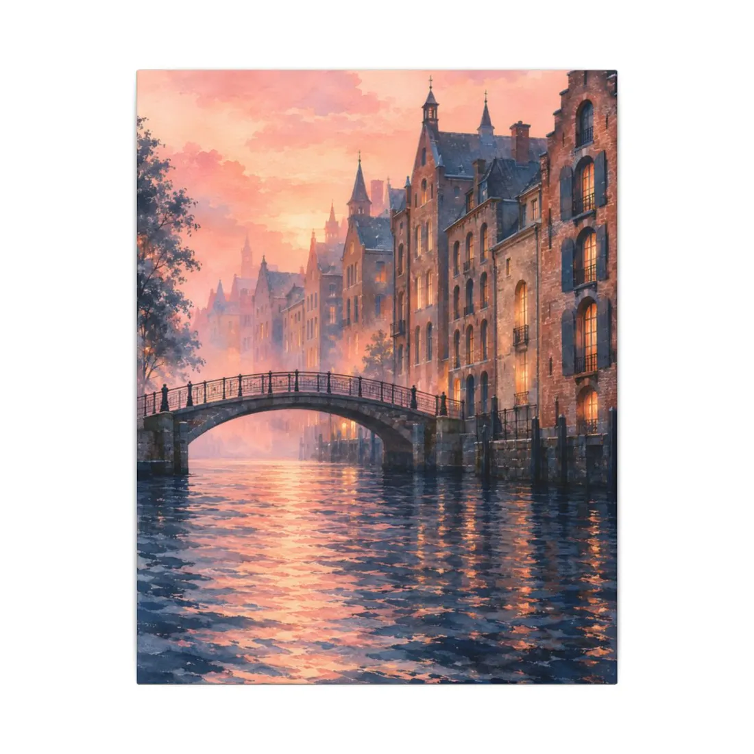 Arched footbridge over a rippling canal at sunset, with brick townhouses glowing warmly under a pink s – Canvas Print, view 1