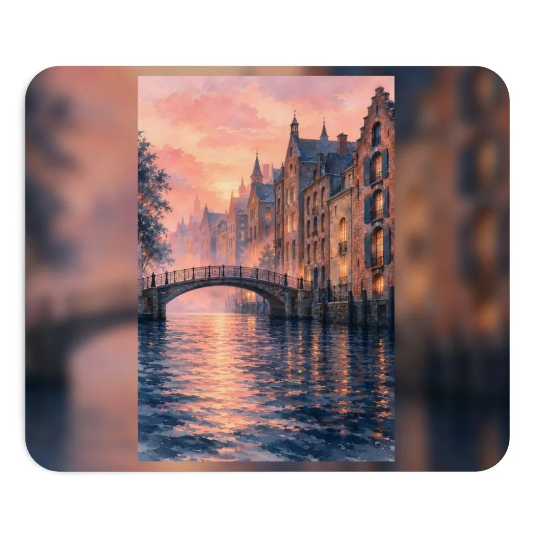 Arched footbridge over a rippling canal at sunset, with brick townhouses glowing warmly under a pink sky – Mouse Pad, view 1