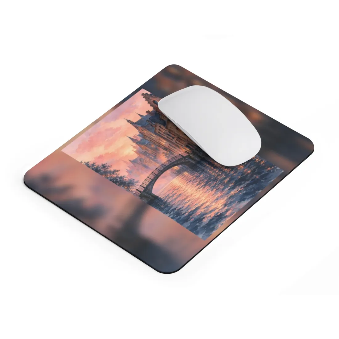 Arched footbridge over a rippling canal at sunset, with brick townhouses glowing warmly under a pink sky – Mouse Pad, view 2