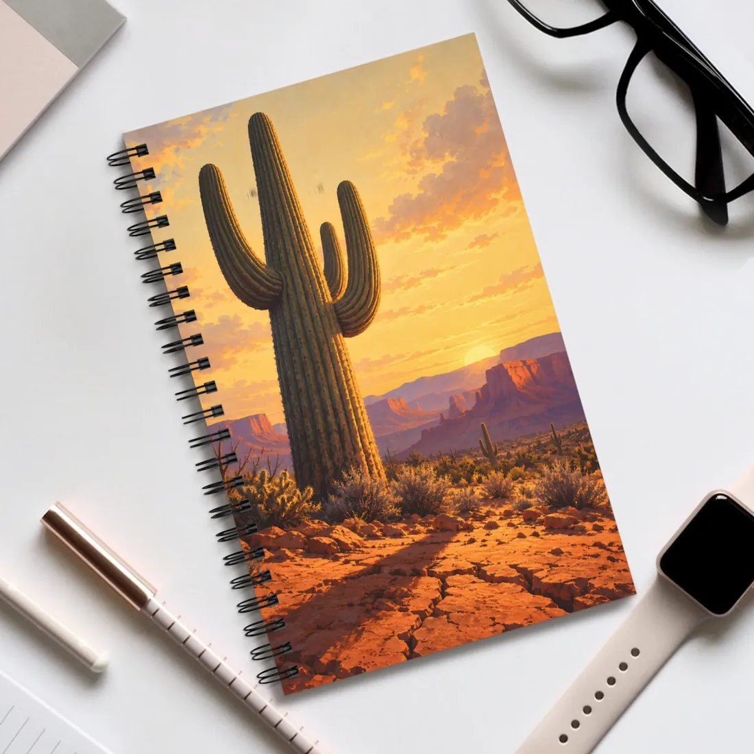 Painted saguaro cactus silhouetted against a golden desert sunset with red mesas – Spiral Notebook, view 2