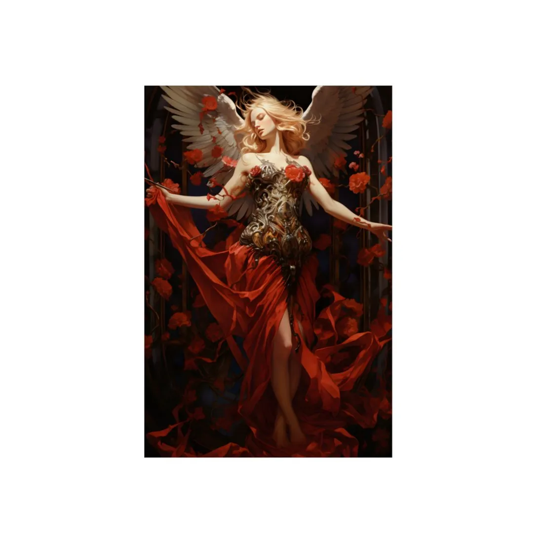 Scarlet Enchantress: Woman in Flowing Red Gown - Metal Poster