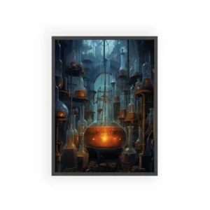 Alchemy Laboratory with Glowing Flask Framed Poster