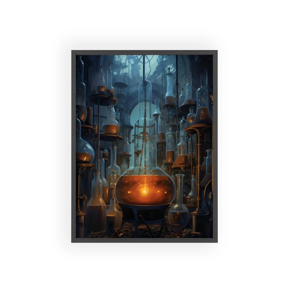 Scientific Discovery: Mysterious Laboratory Scene with Beaker and Whiteboard - Framed Poster