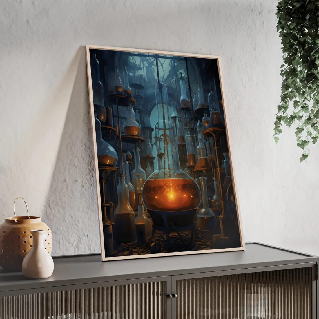 Scientific Discovery: Mysterious Laboratory Scene with Beaker and Whiteboard - Framed Poster