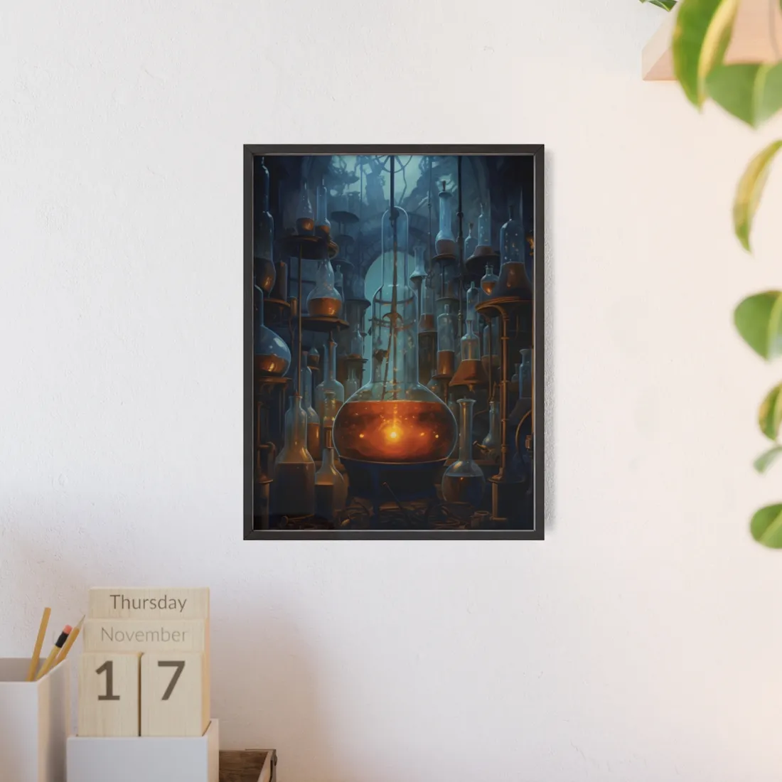 Scientific Discovery: Mysterious Laboratory Scene with Beaker and Whiteboard - Framed Poster