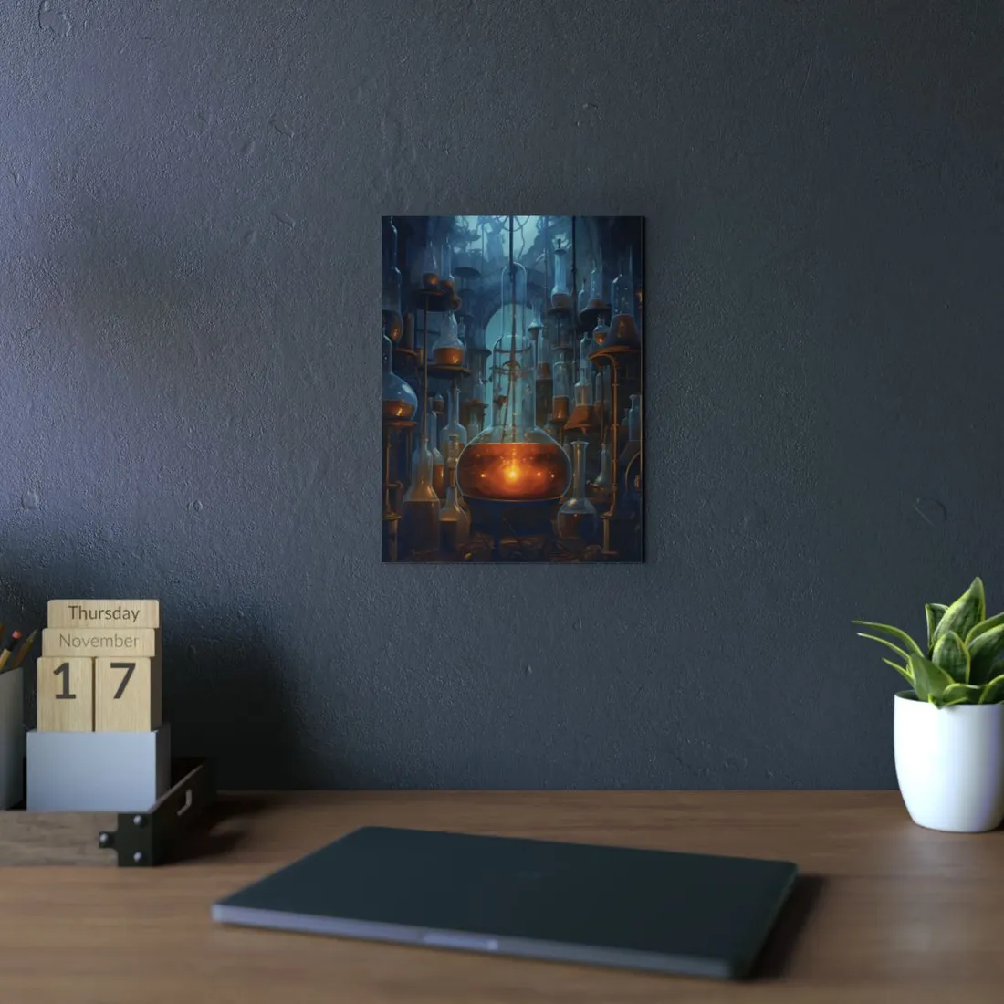 Scientific Discovery: Mysterious Laboratory Scene with Beaker and Whiteboard - Metal Poster