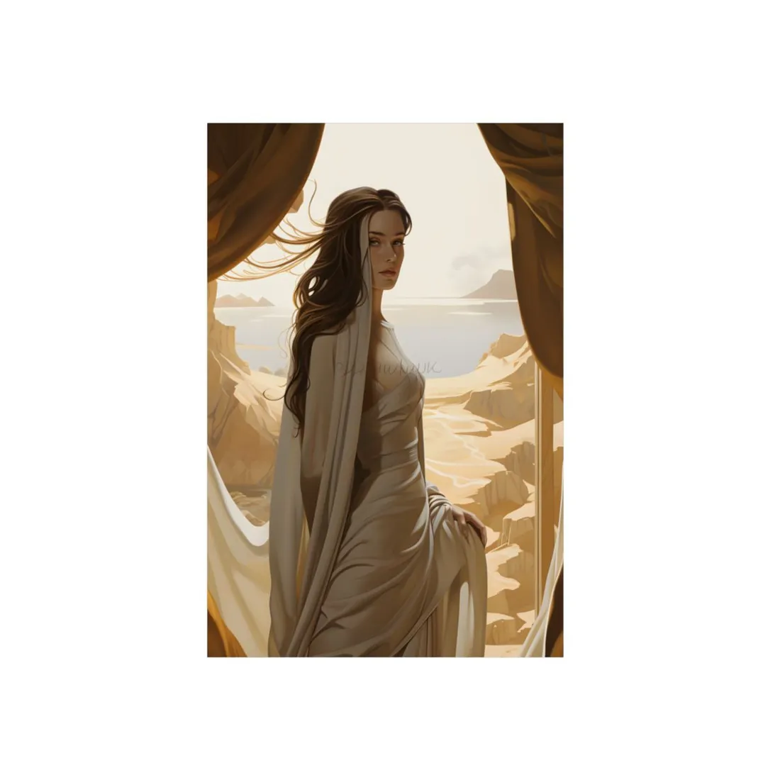 Seaside Elegance: Woman in White by the Shore - Metal Poster