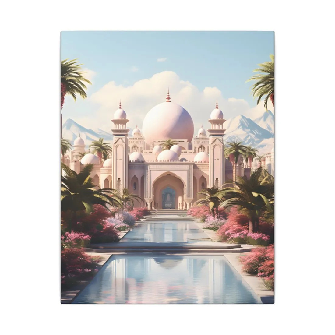 Serene Arabian Desert Oasis: Camels in a Palm Tree Landscape - Canvas
