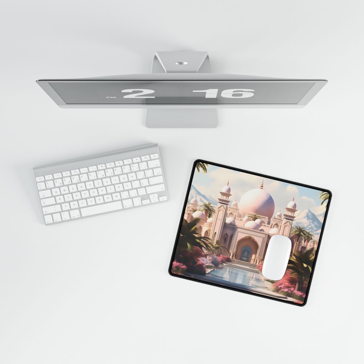 Serene Arabian Desert Oasis: Camels in a Palm Tree Landscape - Desk Mat