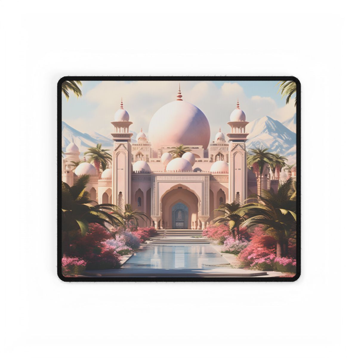 Serene Arabian Desert Oasis: Camels in a Palm Tree Landscape - Desk Mat