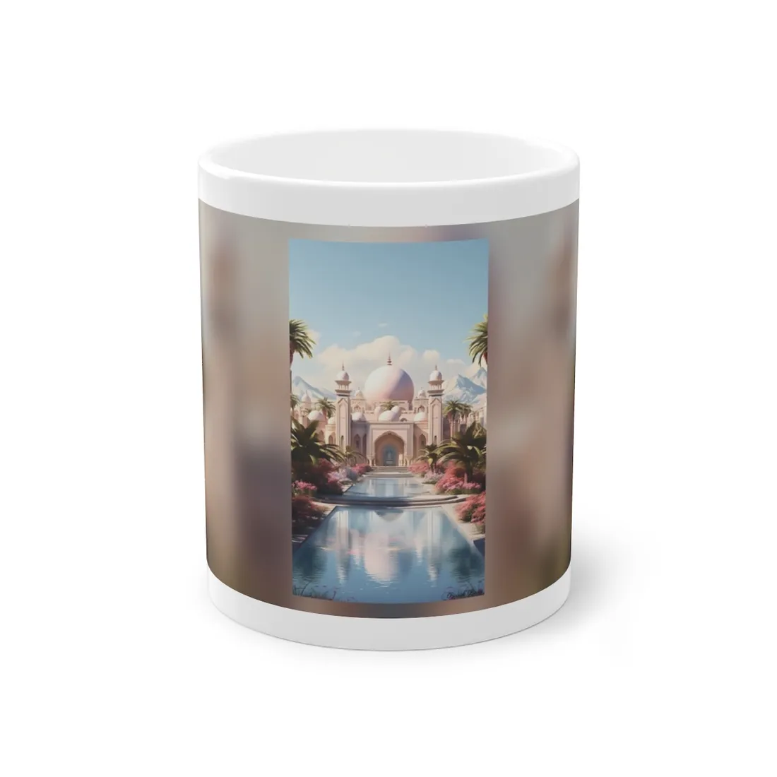 Serene Arabian Desert Oasis: Camels in a Palm Tree Landscape - Mug