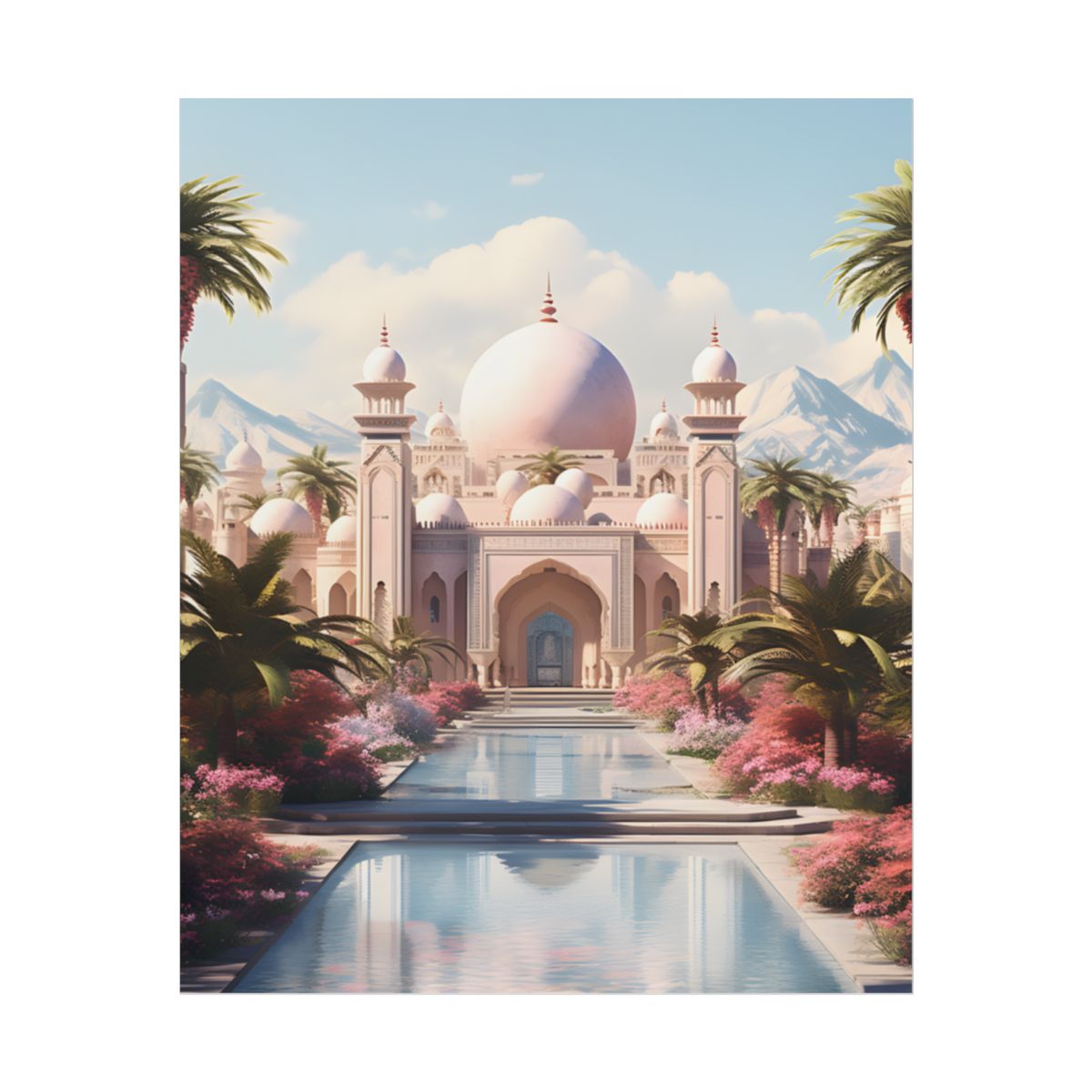 Serene Arabian Desert Oasis: Camels in a Palm Tree Landscape - Poster