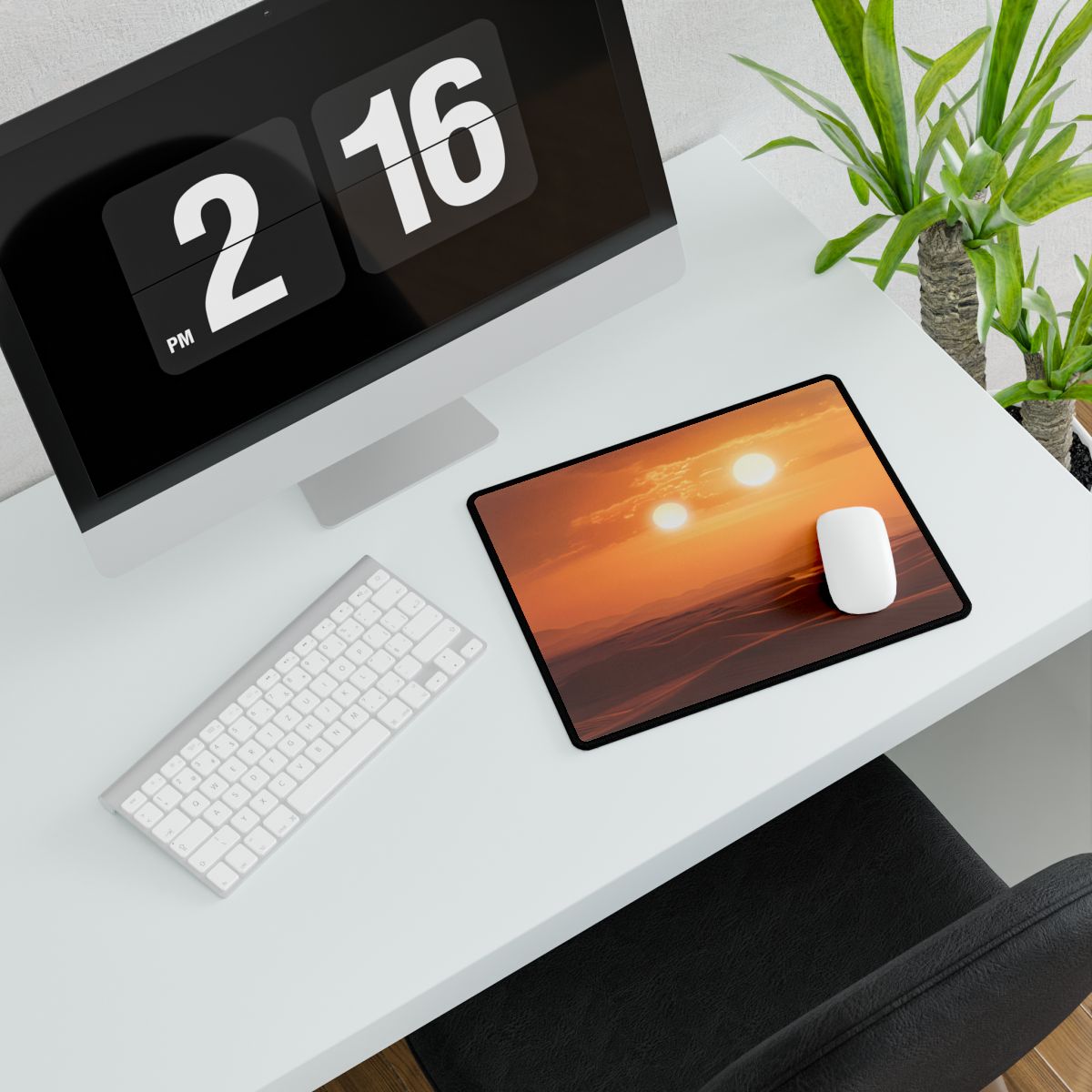 Serene Binary Sunset Artwork: A Peaceful Landscape - Desk Mat