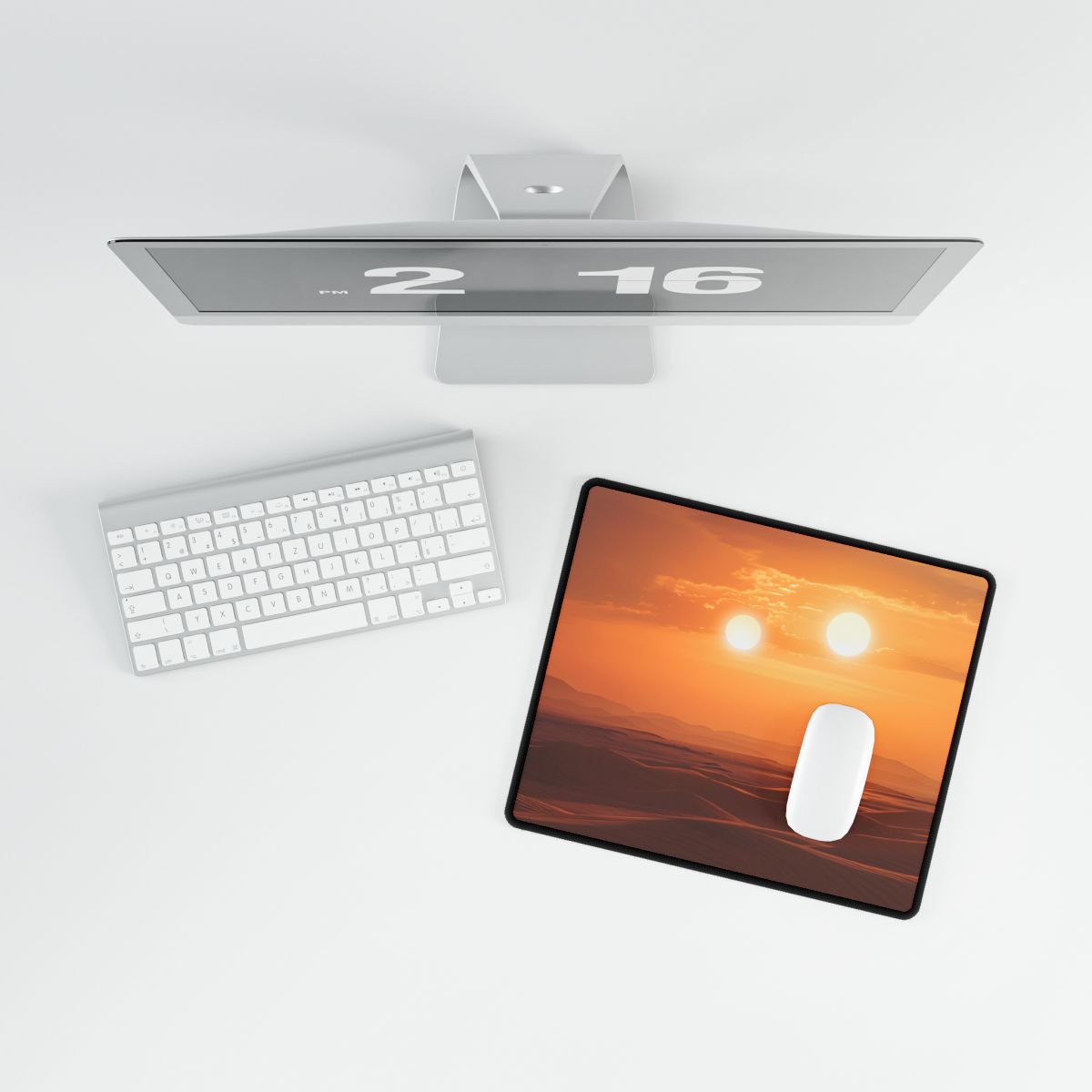 Serene Binary Sunset Artwork: A Peaceful Landscape - Desk Mat