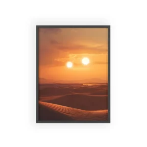 Desert Binary Sunset: Two Suns Over Rocky Terrain Framed Poster