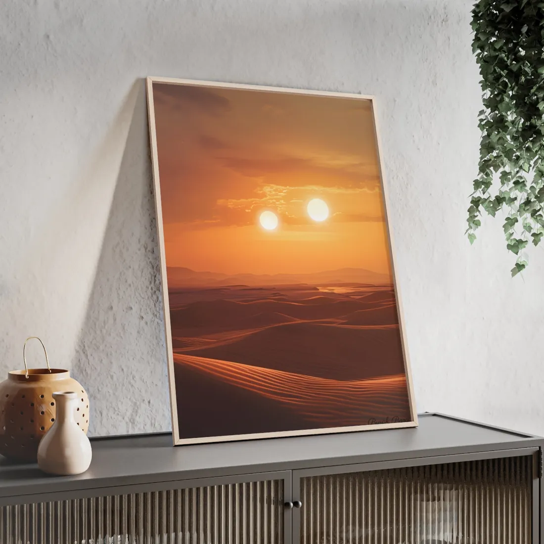 Serene Binary Sunset Artwork: A Peaceful Landscape - Framed Poster