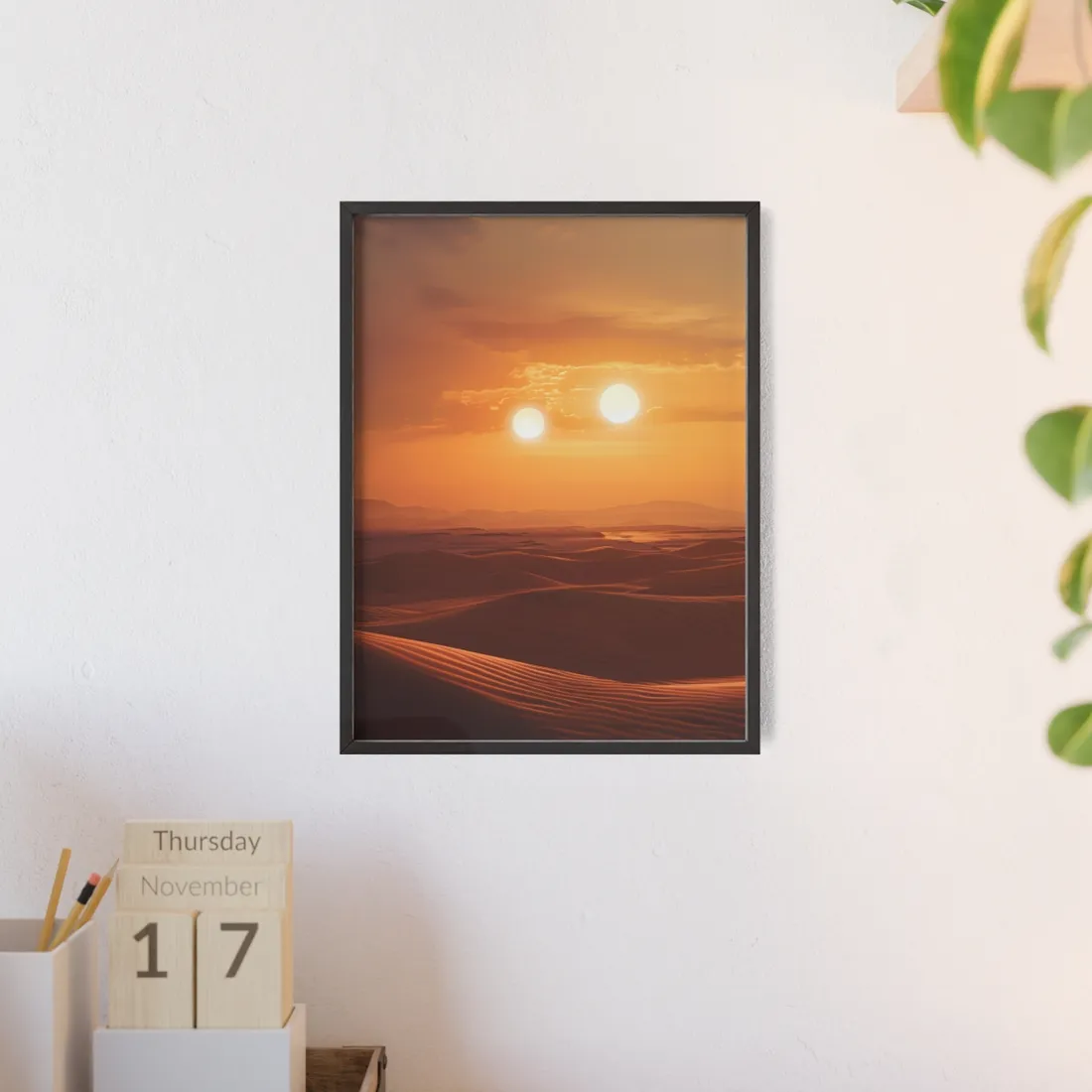 Serene Binary Sunset Artwork: A Peaceful Landscape - Framed Poster