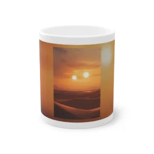 Desert Binary Sunset: Two Suns Over Rocky Terrain Mug
