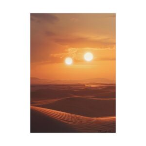 Desert Binary Sunset: Two Suns Over Rocky Terrain Poster