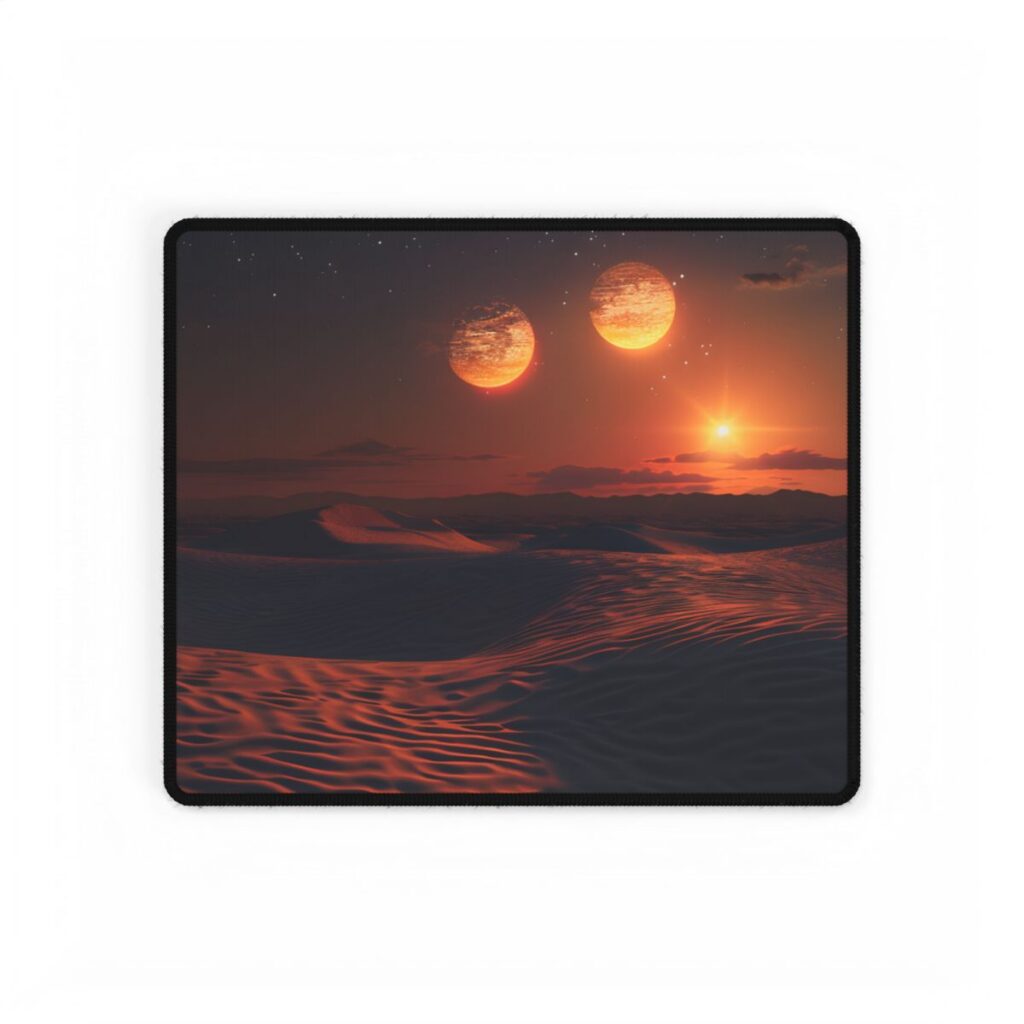 Serene Binary Sunset: Desert Landscape Art - Desk Mat